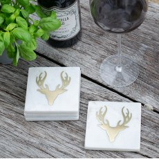 Marble with Brass Stag Accent Set of Four Coasters