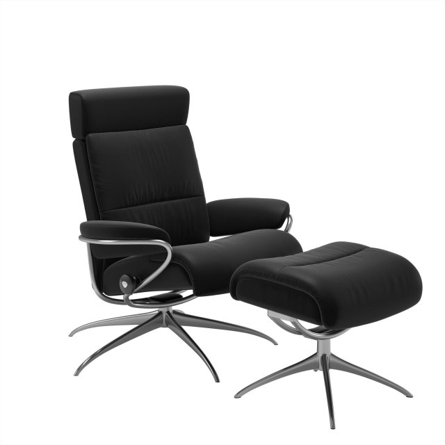 Stressless Stressless Tokyo Recliner with Headrest & Footstool in Paloma Black Leather & Chrome Star Base