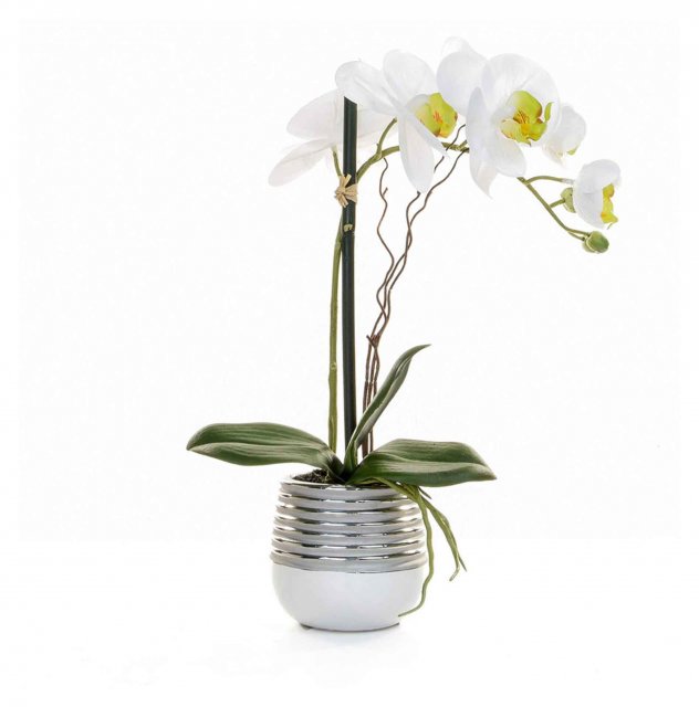 Artificial White Orchid In White with Silver Pot