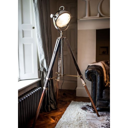 Rolls Headlamp Floor Lamp with Polished Nickel & Wood Tripod Rolls Headlamp Floor Lamp with Polished Nickel & Wood Tripod