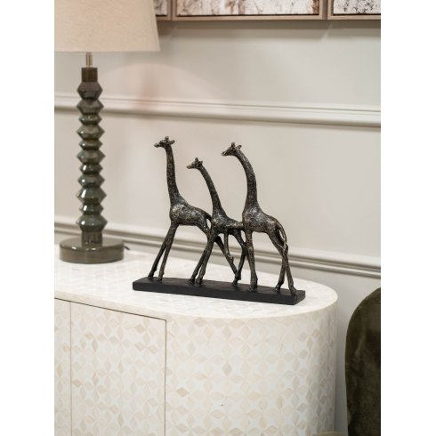 Family of Three Giraffes Sculpture in Antique Silver Finish