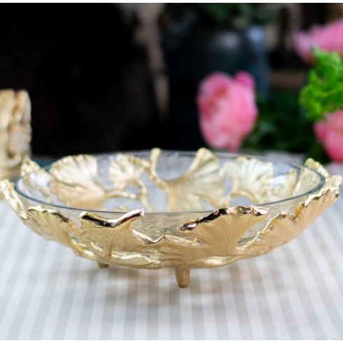Medium Gold Finish Gingko Leaf Sculpture Bowl with Glass Insert