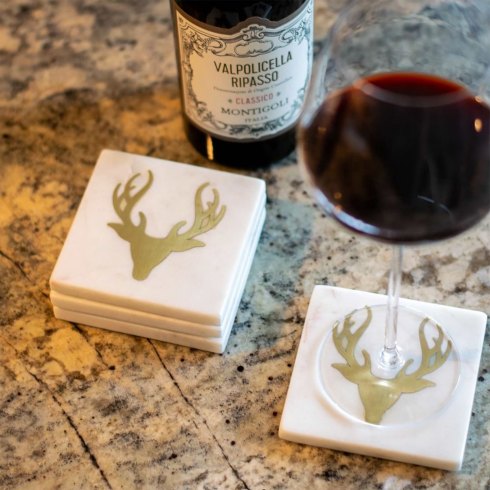 Set of Four Marble Coasters with Brass Stag Accents