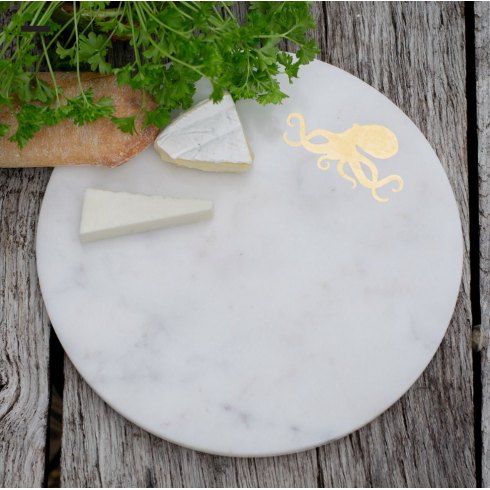 White Marble Round Cheeseboard with Brass Octopus Design White Marble Round Cheeseboard with Brass Octopus Design