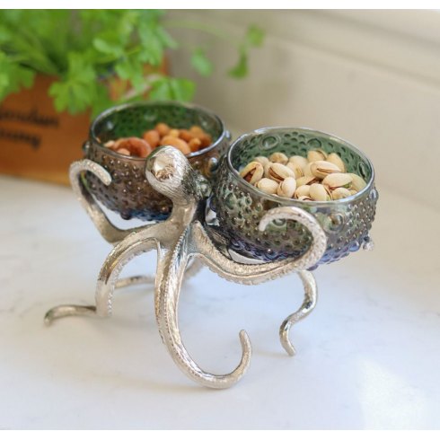 Octopus Holder with Two Small Glass Bowls in Blue/Green