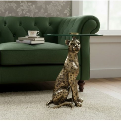 Antique Gold Cheetah Side Table with Glass Top Antique Gold Cheetah Side Table with Glass Top
