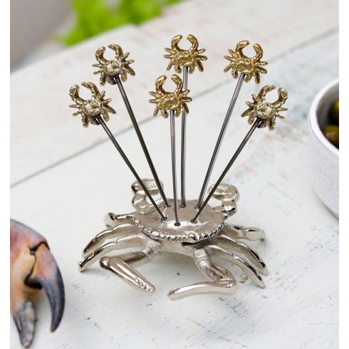 Set of Six Crab Olive Picks with Crab Holder Set of Six Crab Olive Picks with Crab Holder