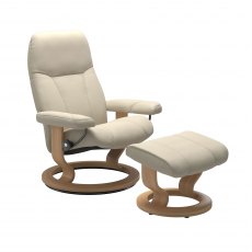 Stressless Consul Recliner & Footstool in Batick Cream Leather & Oak Classic Base
