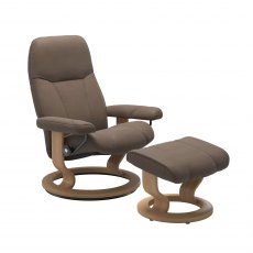 Stressless Consul Recliner & Footstool in Batick Mole Leather & Walnut Classic Base