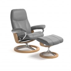 Stressless Consul Recliner & Footstool in Batick Wild Dove Leather & Oak Signature Base