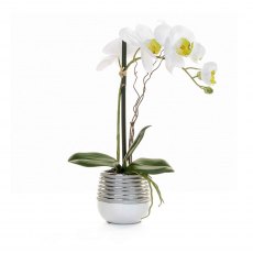 Artificial White Orchid In White with Silver Pot
