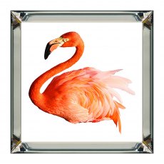 Flamingo Bird Print Framed In Glass with Bevelled Mirror Wide Edge