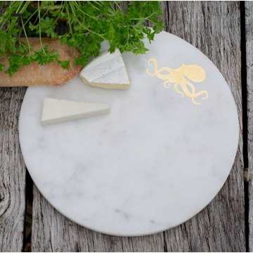 White Marble Round Cheeseboard with Brass Octopus Design