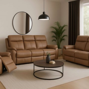 Montego Power Reclining Group: 3-Seater Sofa, 2-Seater Sofa & Armchair In Tan Leather with Skai Back