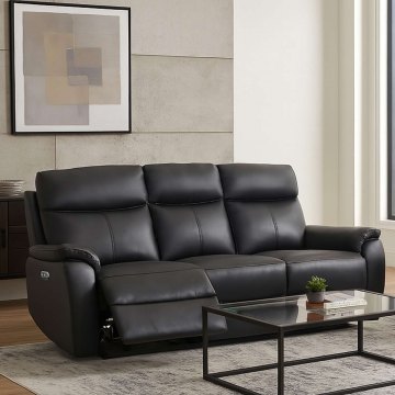 Montego Power Reclining Three Seater Sofa In Black Leather with Skai Back
