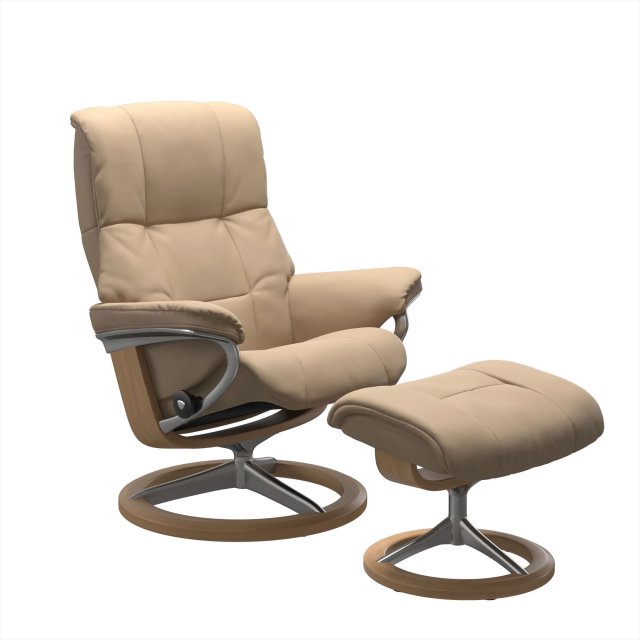 Stressless Stressless Mayfair (M) Recliner & Footstool in Paloma Beige Leather & Oak Signature Base