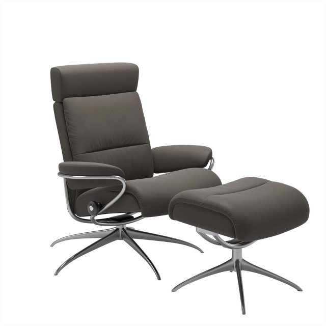 Stressless Stressless Tokyo Recliner with Headrest & Footstool in Paloma Metal Grey Leather & Chrome Star Base