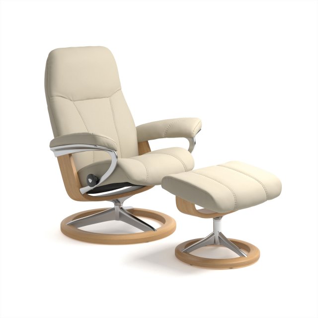 Stressless Stressless Consul Recliner & Footstool in Batick Cream Leather & Oak Signature Base