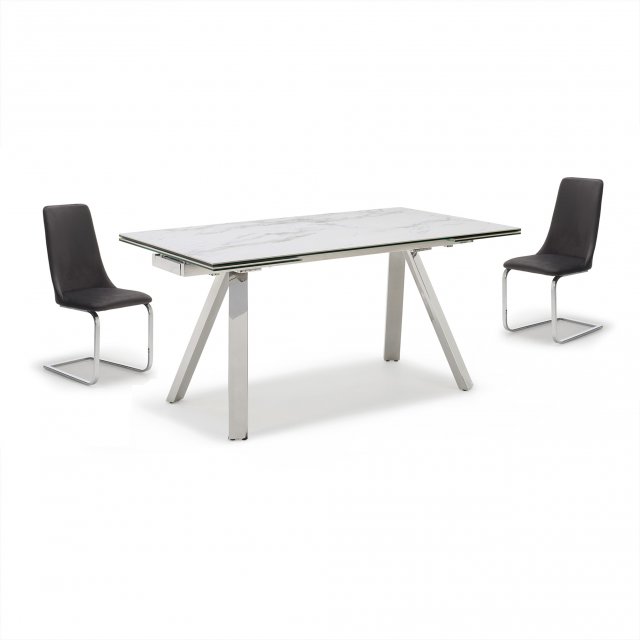 Kesterport Salou Dining Set - Light Grey Ceramic Table with Six Cadiz Chairs in Dark Grey Velvet