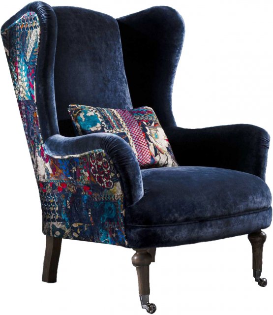 Crawford Wing Chair in Opium Italian Velvet & Printed Velvet Outside Trim