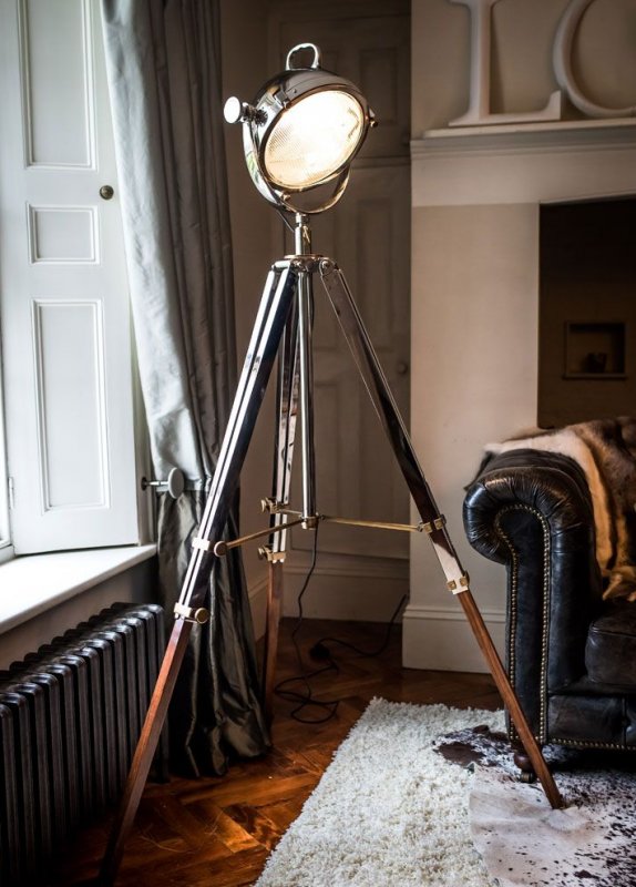 Rolls Headlamp Floor Lamp with Polished Nickel & Wood Tripod