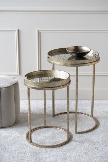 Libra Interiors Venetian Diamond Set of Two Side Tables in Antique Gold Finish