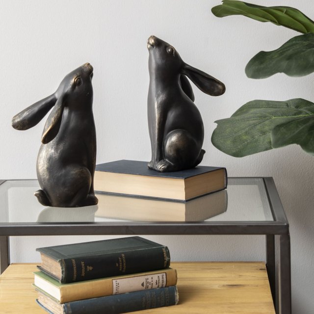 Libra Interiors Moongazing Pair of Hares Sculpture in Smooth Bronze Finish