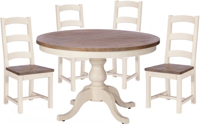French Country Circular Dining Table with Four Wooden Seat Chairs