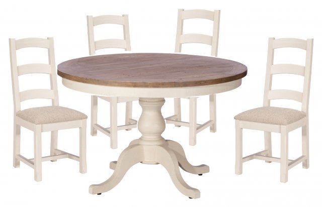 French Country Circular Dining Table with Four Upholstered Seat Chairs