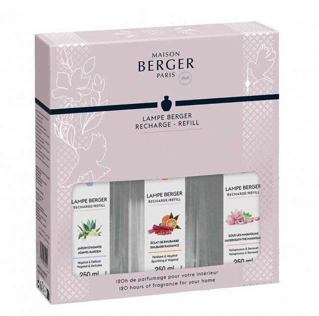 Maison Berger Trio of Lampe RecTrio of 250ml Lampe Refills - Agaves Garden, Rhubarb Radiance & Under The Magnolia