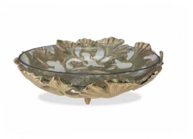 Medium Gold Finish Gingko Leaf Sculpture Bowl with Glass Insert