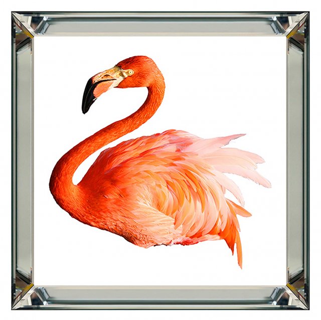 Flamingo Bird Print Framed In Glass with Bevelled Mirror Wide Edge