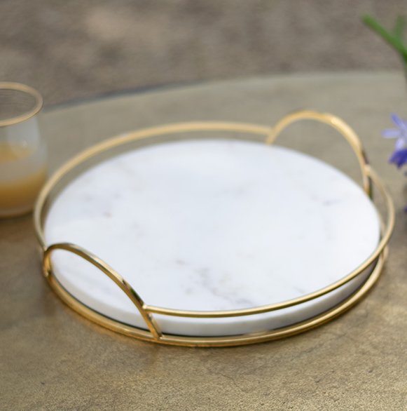 White Marble Tray with Gold Handle