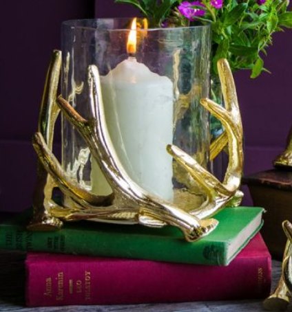 Medium Antler Hurricane with Hammered Glass In Gold Finish
