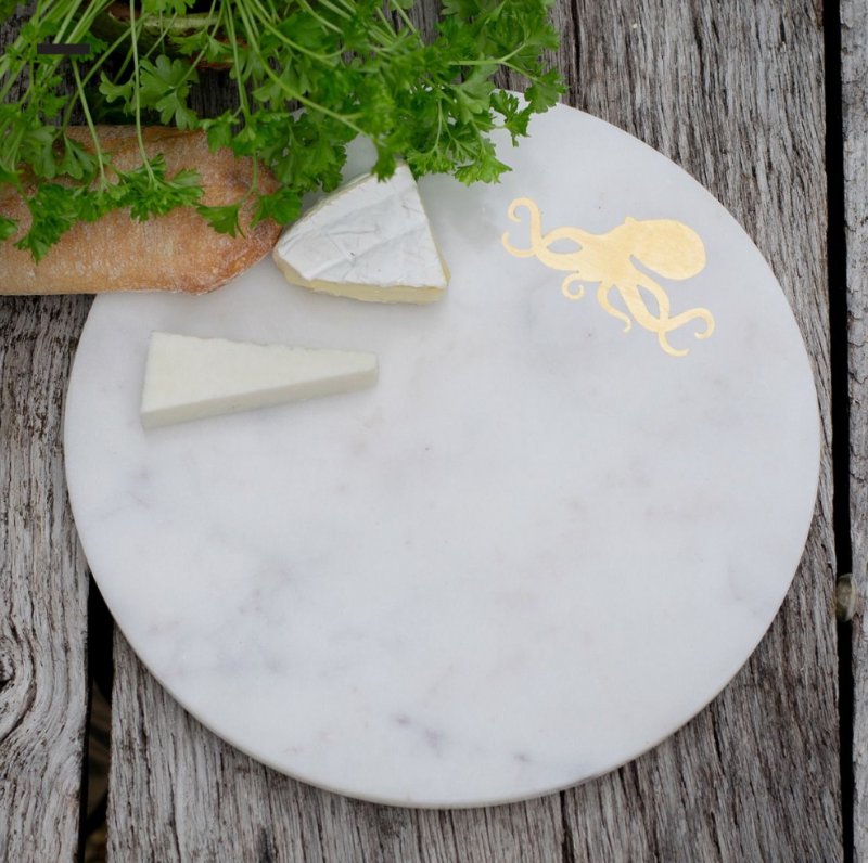White Marble Round Cheeseboard with Brass Octopus Design