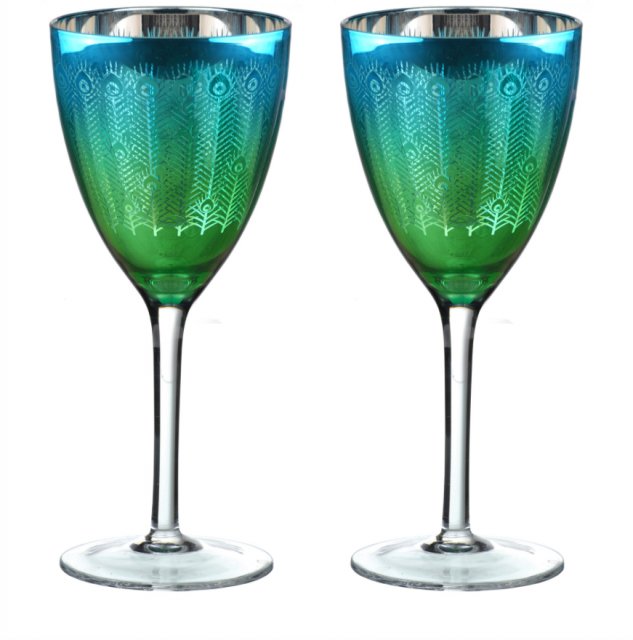 Set of Two Peacock Wine Glasses