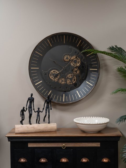 Libra Interiors Millennium Wall Clock with Moving Cogs in Black/Gold Finish
