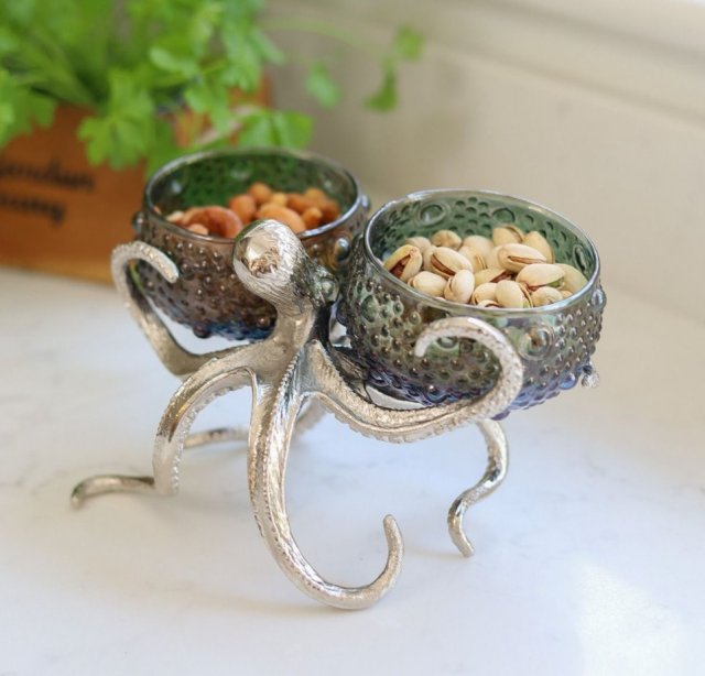 Octopus Holder with Two Small Glass Bowls in Blue/Green