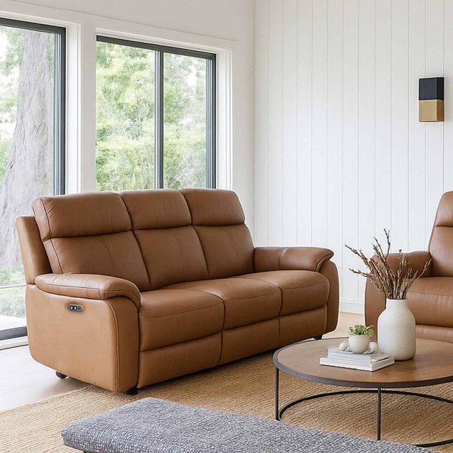 Power Motion Montego Power Reclining Three Seater Sofa In Tan Leather with Skai Back