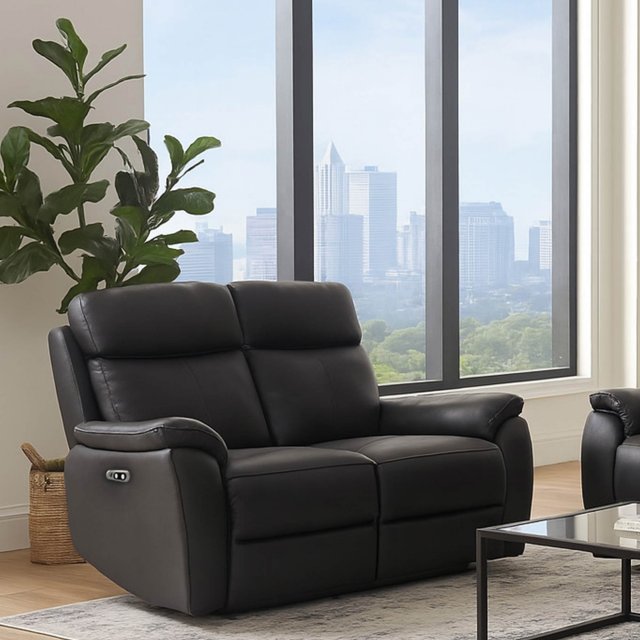 Power Motion Montego Power Reclining Two Seater Sofa In Black Leather with Skai Back