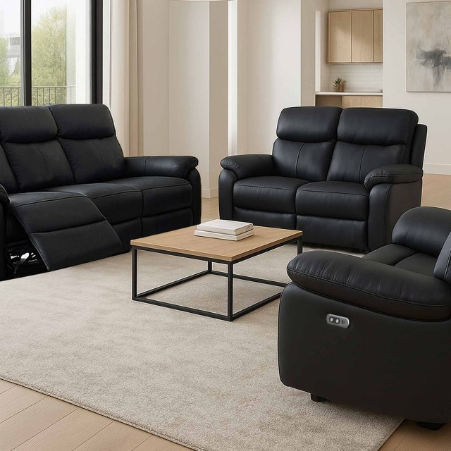 Power Motion Montego Power Reclining Group: 3-Seater Sofa, 2-Seater Sofa & Armchair In Black Leather / Skai Back