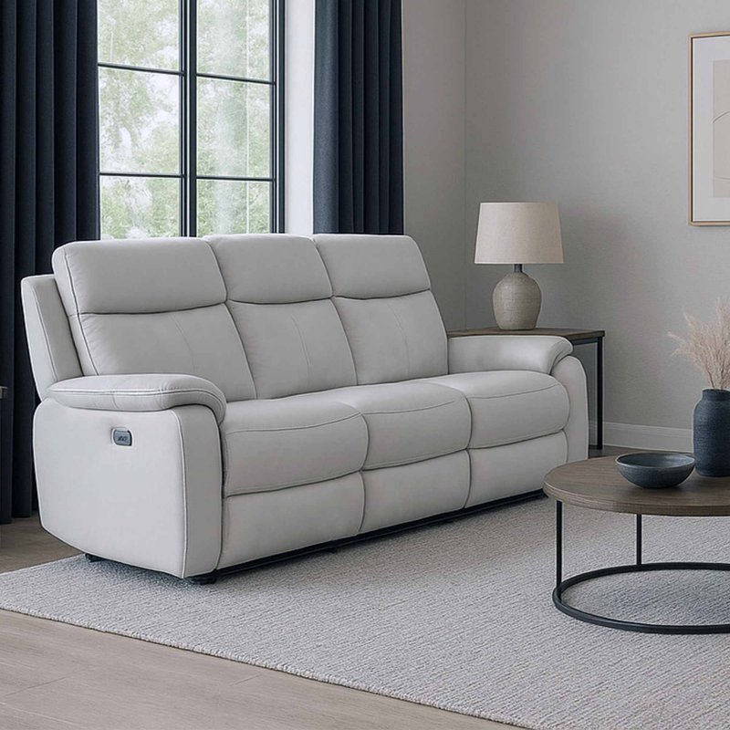 Power Motion Montego Power Reclining Three Seater Sofa In Pewter Leather with Skai Back