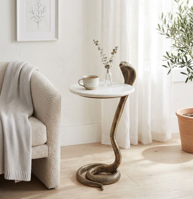 Snake Side Table with White Marble Top