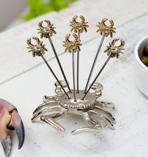 Set of Six Crab Olive Picks with Crab Holder