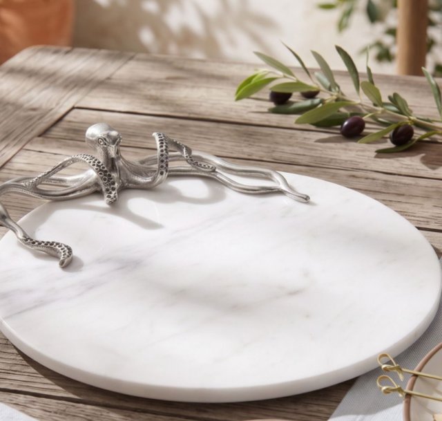 Marble Cheese Board with Nickel Octopus