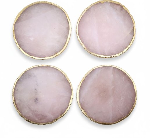 Set of Four Pink Quartz Coasters with Gold Edge
