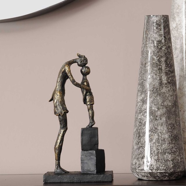 Libra Interiors Mother & Child On Blocks Sculpture in Antique Bronze Finish