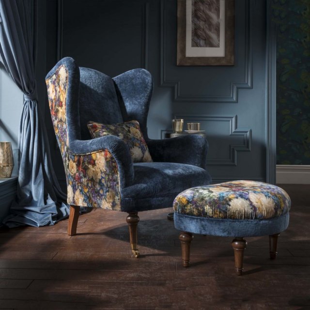 Crawford Wing Chair in Allure Azure Velvet and Printed Velvet Outside Trim